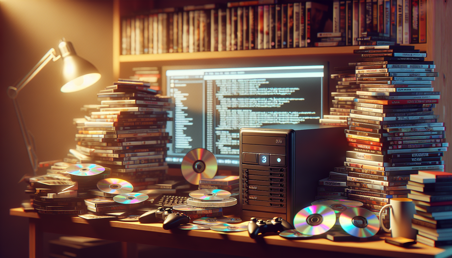 A cluttered desk filled with numerous stacks of DVDs and CDs, some scattered and some in cases, alongside two black game controllers and a white coffee mug. In the center of the desk is a black computer tower with a digital display showing the number "3." Behind the desk is a large monitor displaying lines of code or text, and a bookshelf filled with more DVDs or books. A desk lamp on the left side casts warm light over the scene, creating a cozy atmosphere.