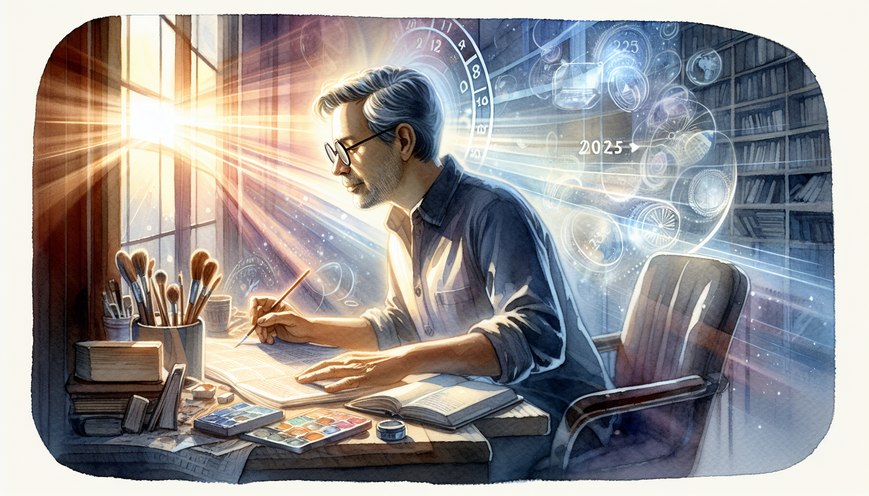 Illustration of a focused middle-aged man with glasses and a beard, sitting at a desk in a cozy, sunlit room filled with books. He is sketching or writing in a notebook, surrounded by art supplies and books. Ethereal, futuristic diagrams and clocks float around him, suggesting a blend of creativity and concepts of time. Rays of sunlight stream through a window, casting warm light and creating a serene, inspirational atmosphere.