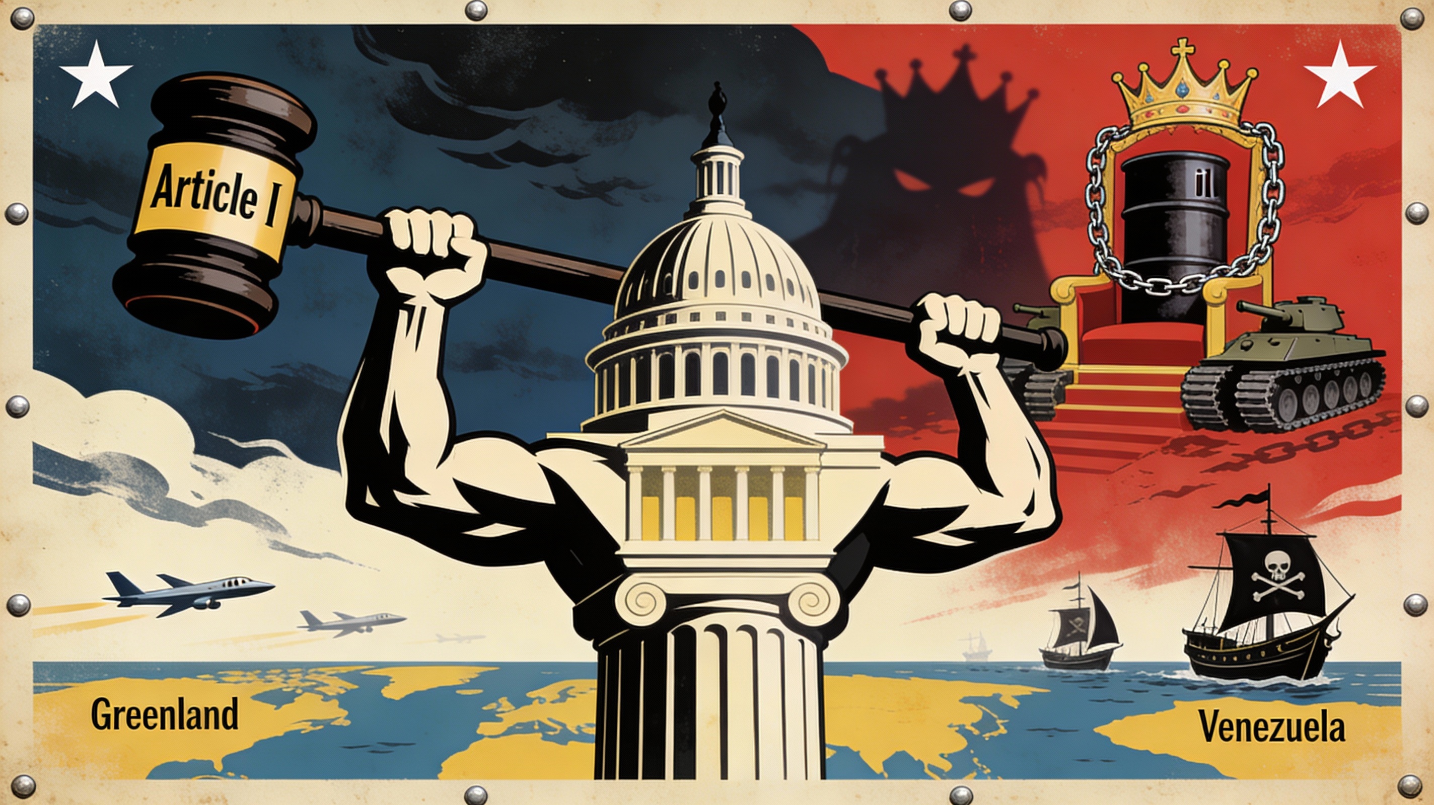 Alt text: "Illustrative poster featuring a stylized muscular arm wielding a gavel labeled 'Article I' and another arm wielding a similar gavel, both extending from the central image of the U.S. Capitol building. The background is divided into two sections, with the left showing a star and a plane flying over a map labeled 'Greenland', and the right depicting a dark throne with a crown, a tank, and pirate ships over a map labeled 'Venezuela'. The overall theme suggests geopolitical themes or influences."