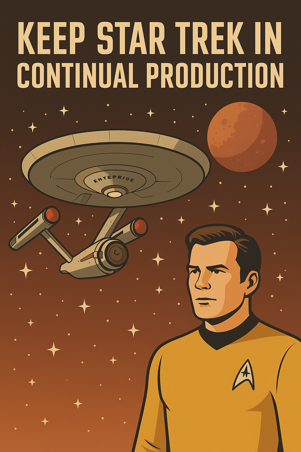 Futuristic starship gliding past a distant planet with nebula clouds in the background, symbolizing Star Trek's enduring journey and its vision of an attainable future