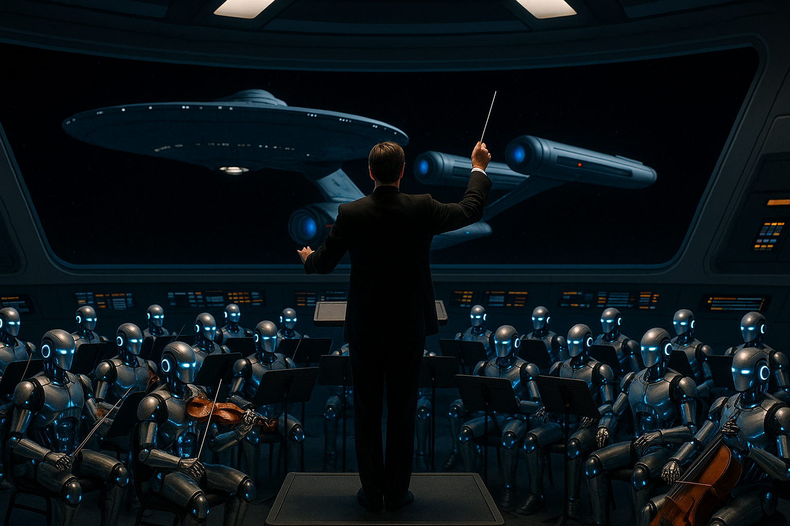 A human conductor stands on a podium, baton raised, directing a futuristic orchestra of humanoid robots with glowing blue accents. The robots sit in traditional orchestral formation with violins, cellos, and other instruments. Through the large curved observation window behind them, the saucer section and nacelles of a Federation starship resembling the USS Enterprise are visible against the backdrop of deep space. The walls of the starship interior feature subtle LCARS-style glowing panels.