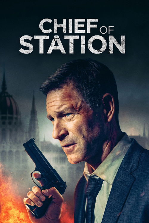 Alt text: A man in a suit holding a handgun with a serious expression, set against a dark, smoky background with flames at the bottom. The text "CHIEF OF STATION" is displayed prominently at the top.
